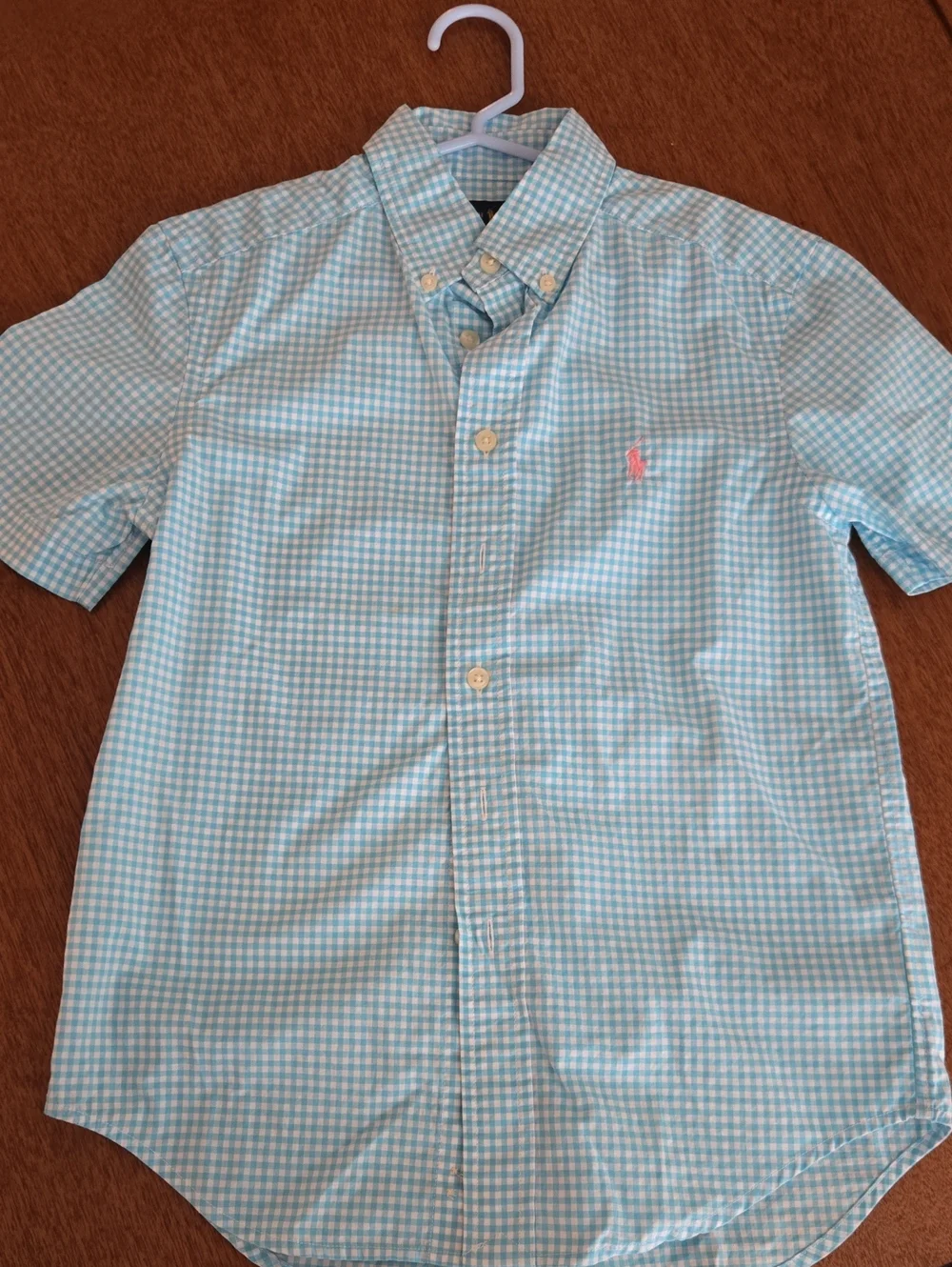 Ralph Lauren Aqua Blue Gingham Short-Sleeve Button-Down Shirt with Pink Pony